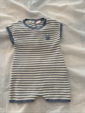 Striped Blue & White Knit Baby Romper